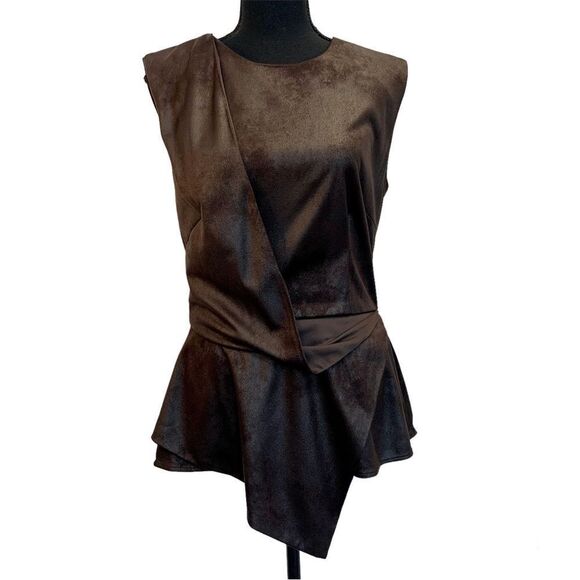 Nha Khanh brown faux suede asymmetrical draped peplum top Sz 10 sleeveless - Picture 3 of 16